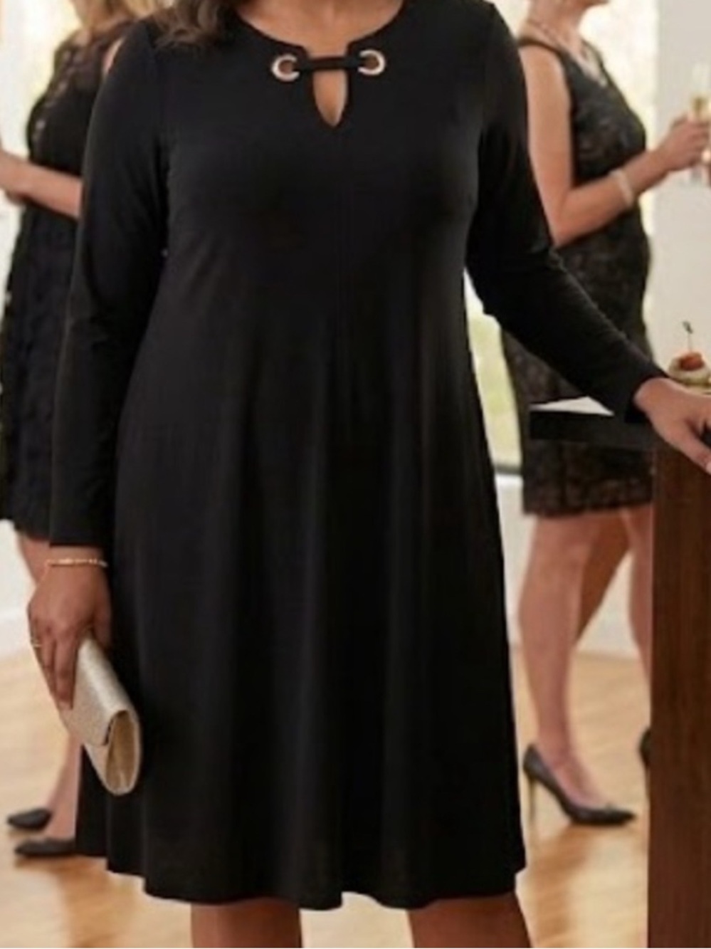 Nina Leonard Black Midi A-Line Dress with Grommet Keyhole